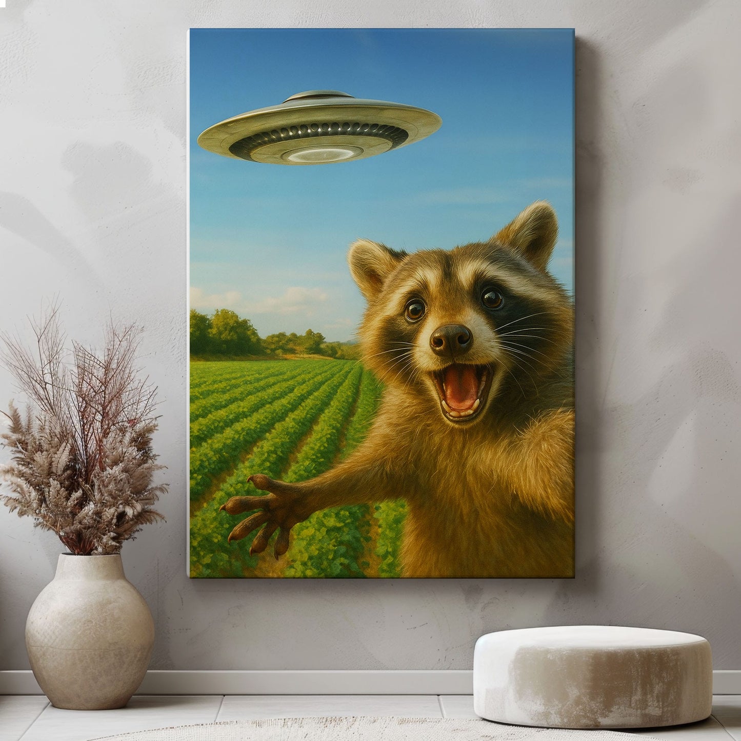 UFO Raccoon Canvas – Funny Alien Encounter Wall Art