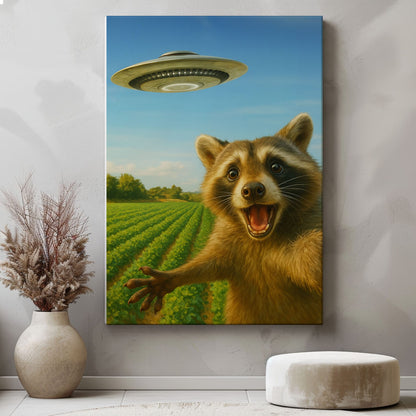 UFO Raccoon Canvas – Funny Alien Encounter Wall Art