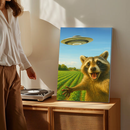 UFO Raccoon Canvas – Funny Alien Encounter Wall Art