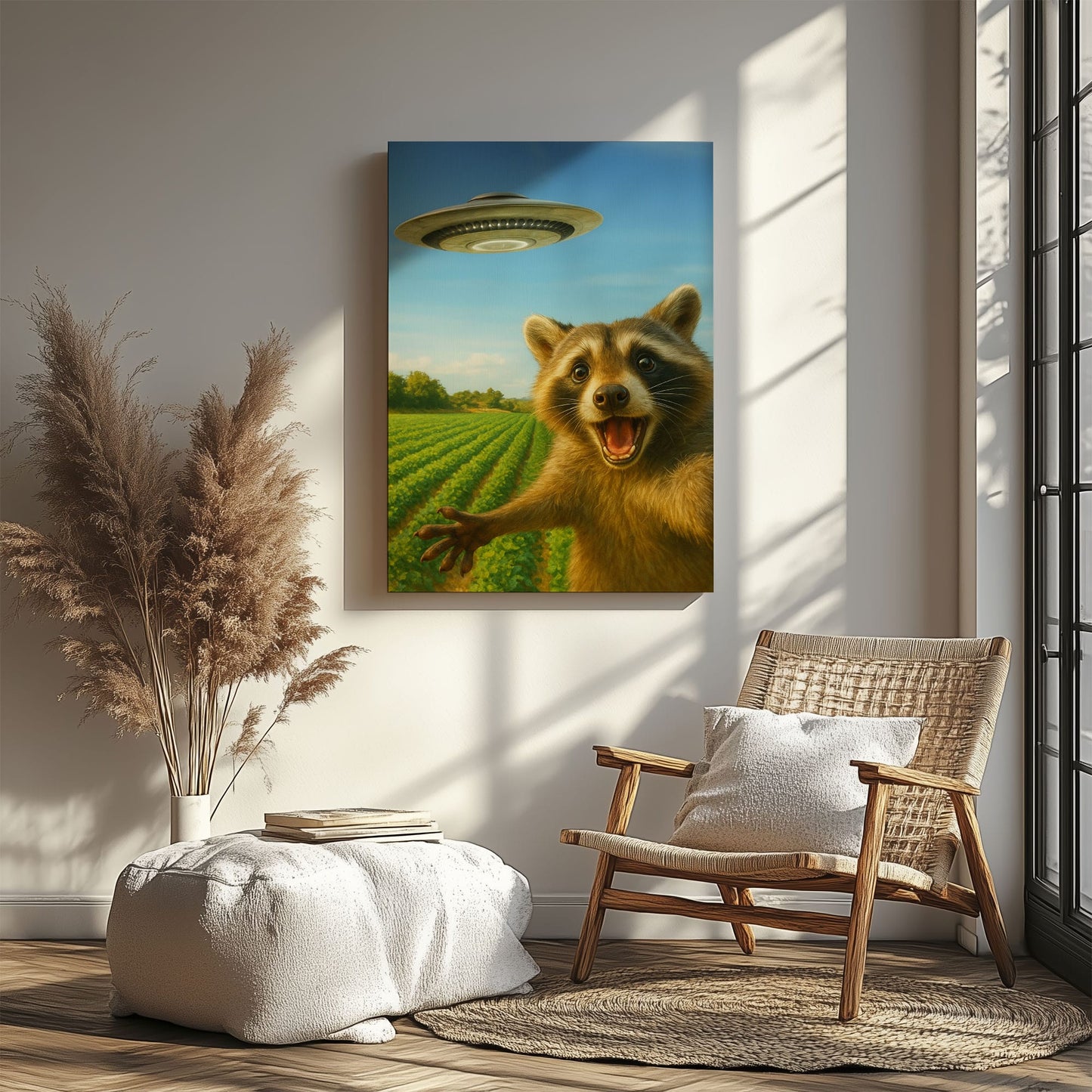 UFO Raccoon Canvas – Funny Alien Encounter Wall Art