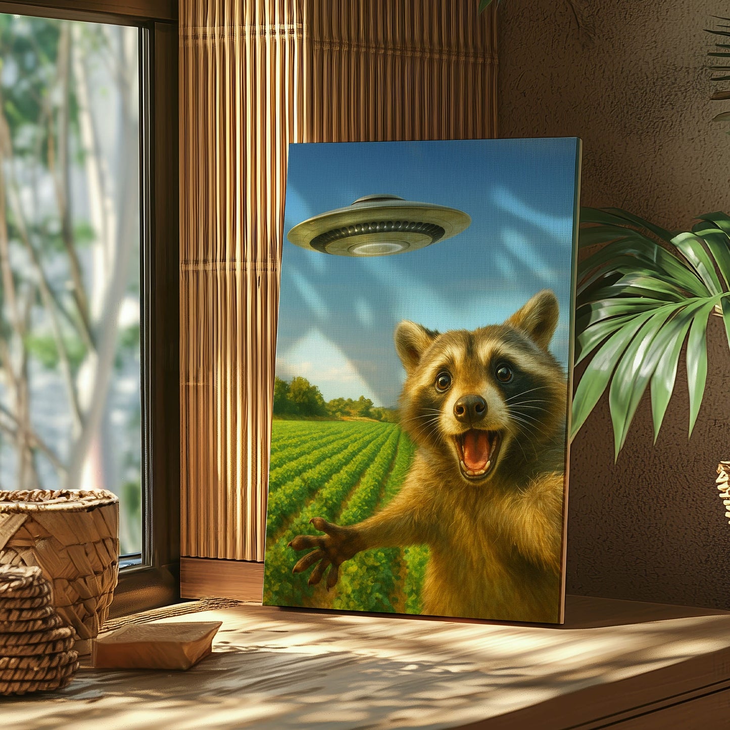 UFO Raccoon Canvas – Funny Alien Encounter Wall Art