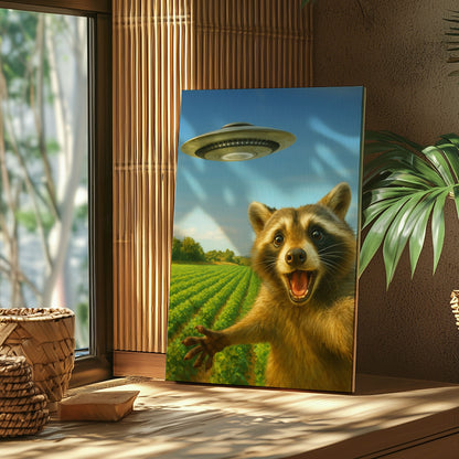 UFO Raccoon Canvas – Funny Alien Encounter Wall Art