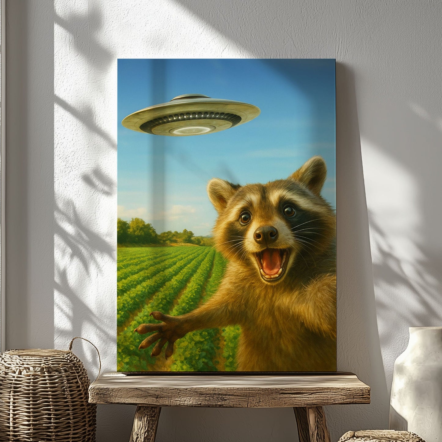 UFO Raccoon Canvas – Funny Alien Encounter Wall Art