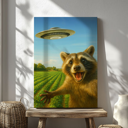 UFO Raccoon Canvas – Funny Alien Encounter Wall Art