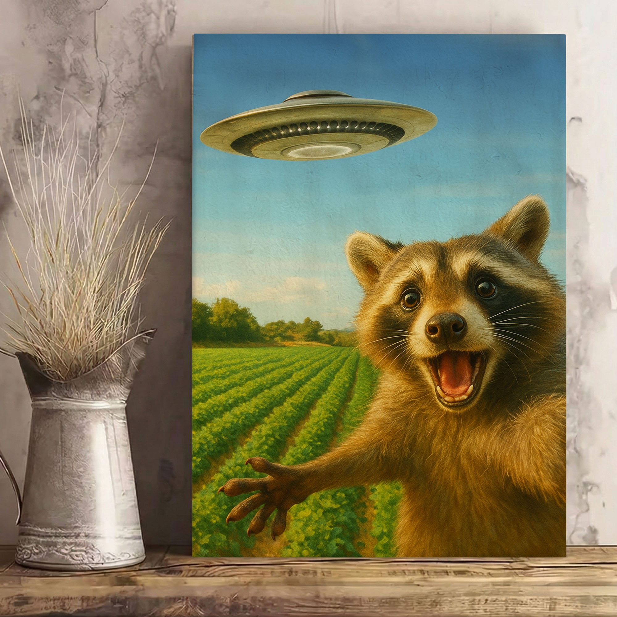 UFO Raccoon Canvas – Funny Alien Encounter Wall Art – HuntDad