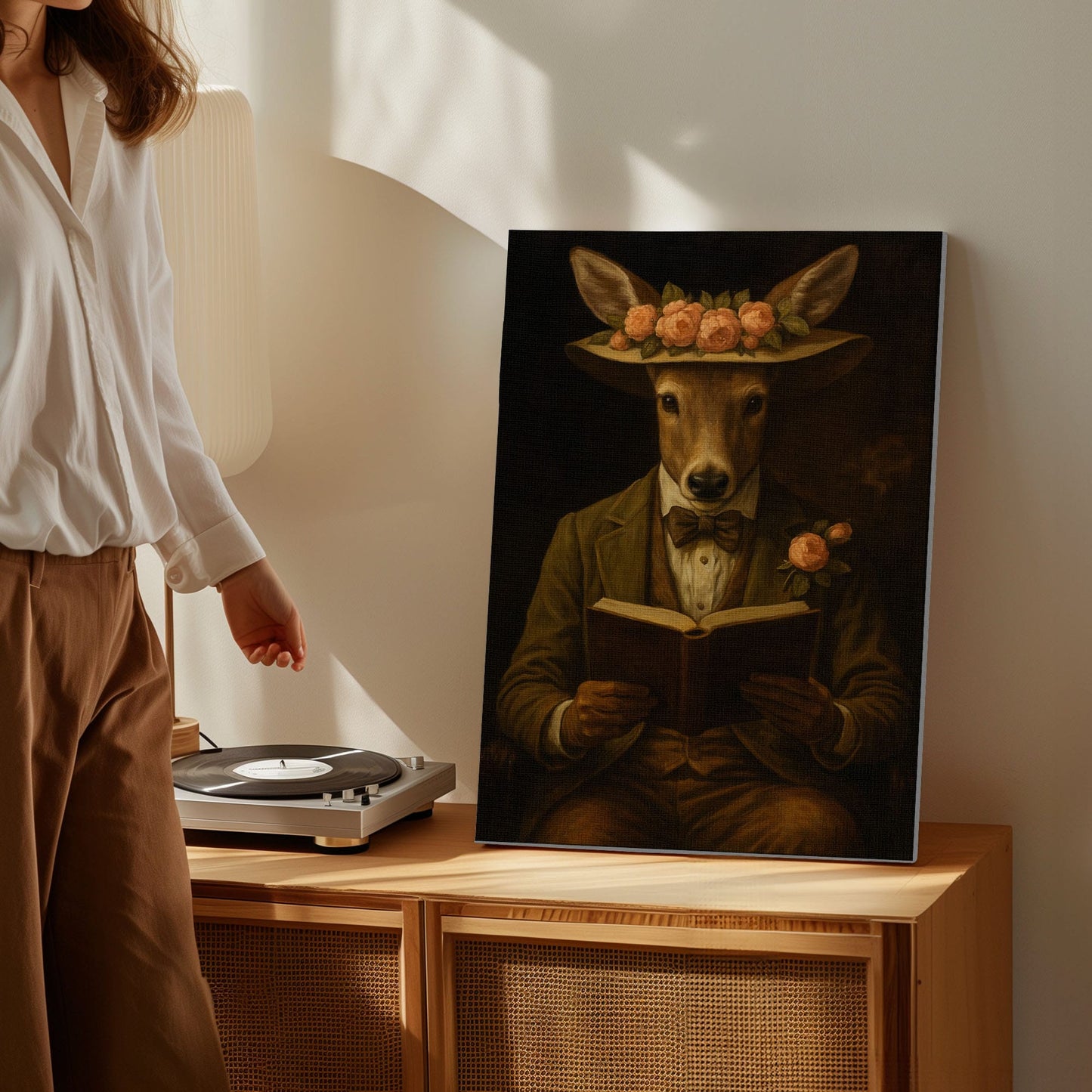 Deer Reading Portrait – Cozy Cabin Wall Art for Woodland Homes