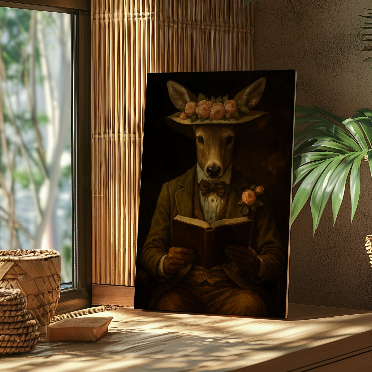 Deer Reading Portrait – Cozy Cabin Wall Art for Woodland Homes