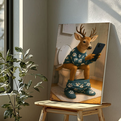 Funny Deer on Toilet Canvas Bathroom Humor Wall Art