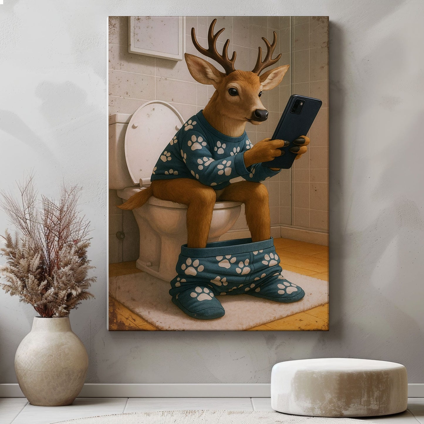 Funny Deer on Toilet Canvas Bathroom Humor Wall Art