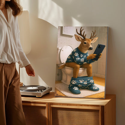 Funny Deer on Toilet Canvas Bathroom Humor Wall Art