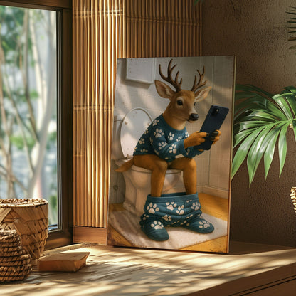Funny Deer on Toilet Canvas Bathroom Humor Wall Art