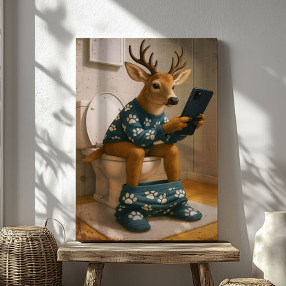 Funny Deer on Toilet Canvas Bathroom Humor Wall Art