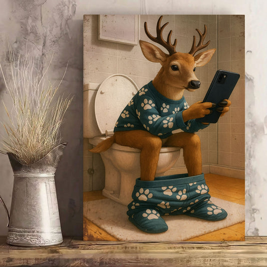 Funny Deer on Toilet Canvas Bathroom Humor Wall Art