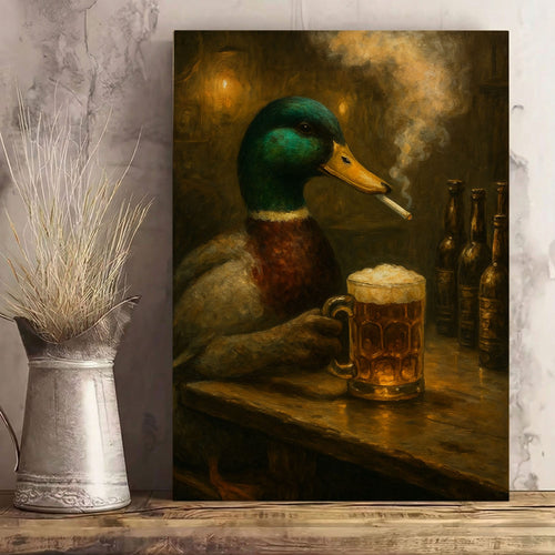 Duck  Mallard Drinking Beer Cabin Wall Art Canvas