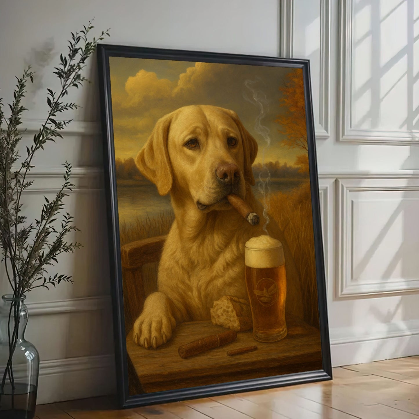 Cigar & Beer Dog Canvas Wall Art Labrador Pub Bar Decor