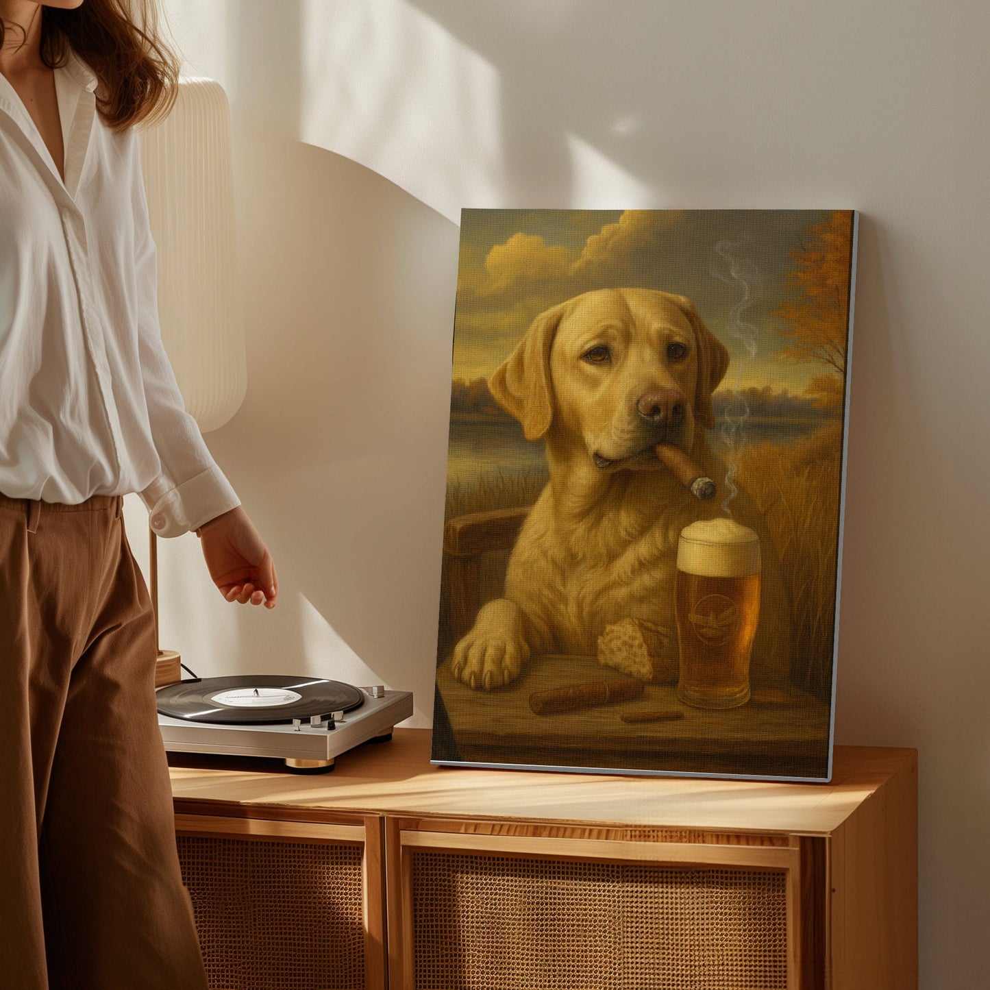 Cigar & Beer Dog Canvas Wall Art Labrador Pub Bar Decor