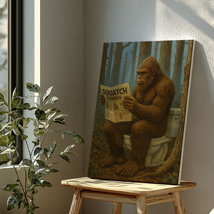 Bigfoot Reading Newspaper Canvas Humorous Lodge Wall Art