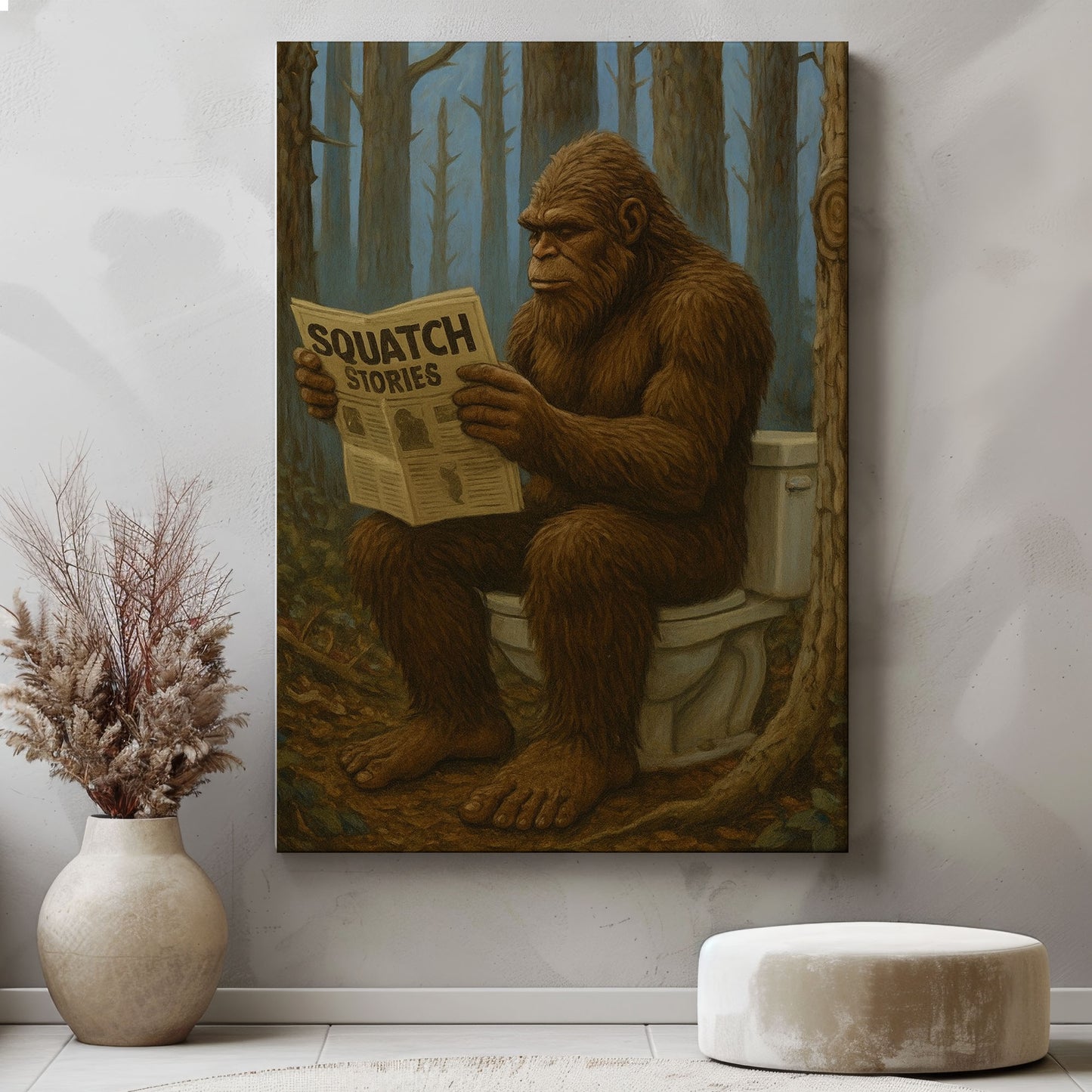 Bigfoot Reading Newspaper Canvas Humorous Lodge Wall Art