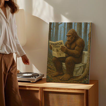 Bigfoot Reading Newspaper Canvas Humorous Lodge Wall Art