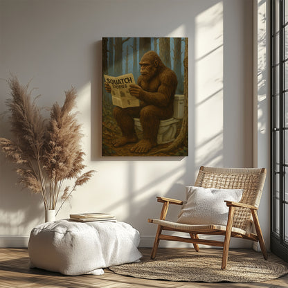 Bigfoot Reading Newspaper Canvas Humorous Lodge Wall Art