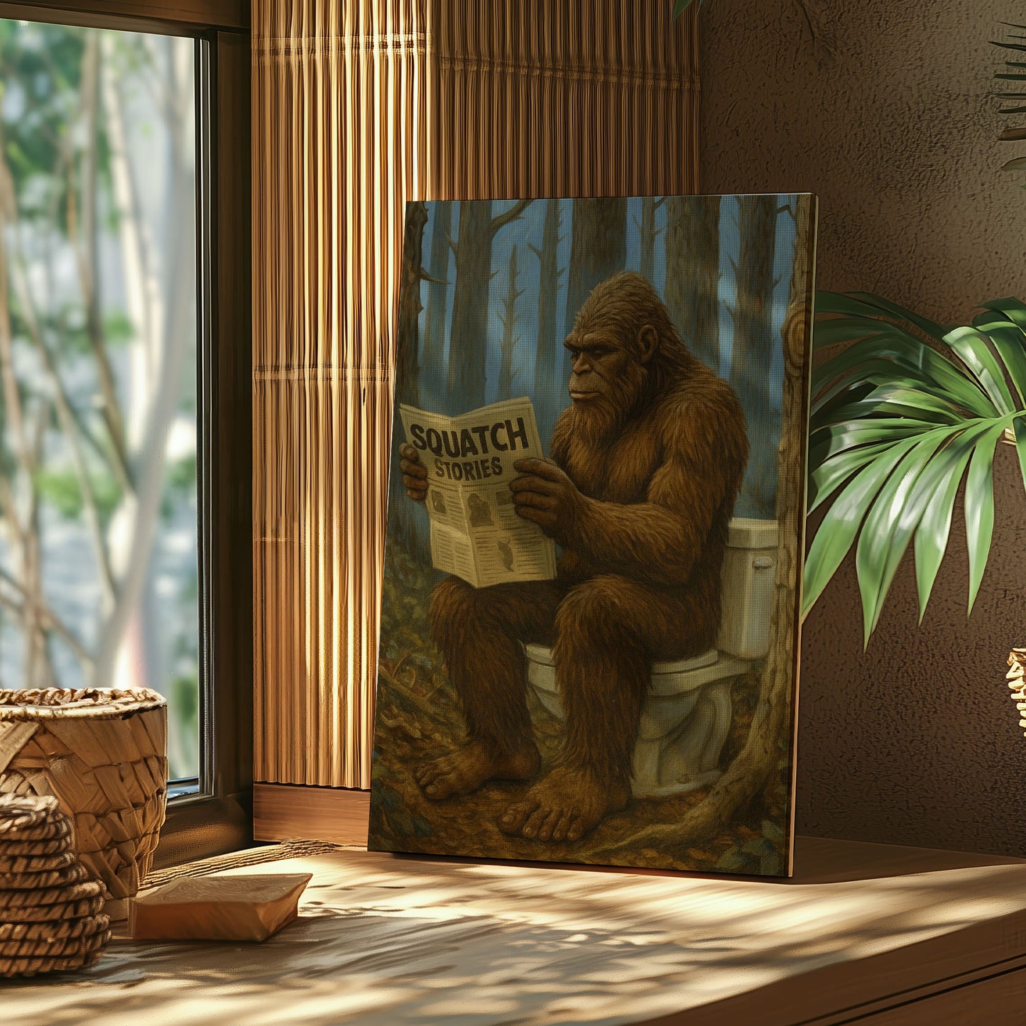 Bigfoot Reading Newspaper Canvas Humorous Lodge Wall Art