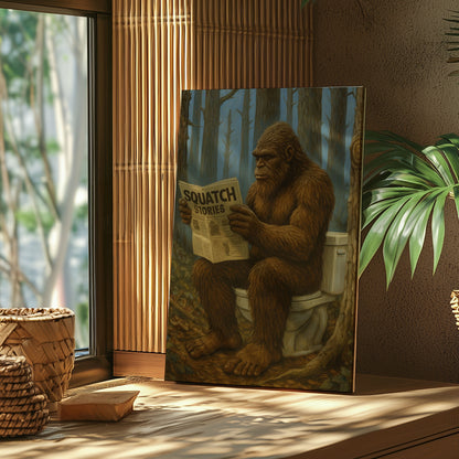 Bigfoot Reading Newspaper Canvas Humorous Lodge Wall Art