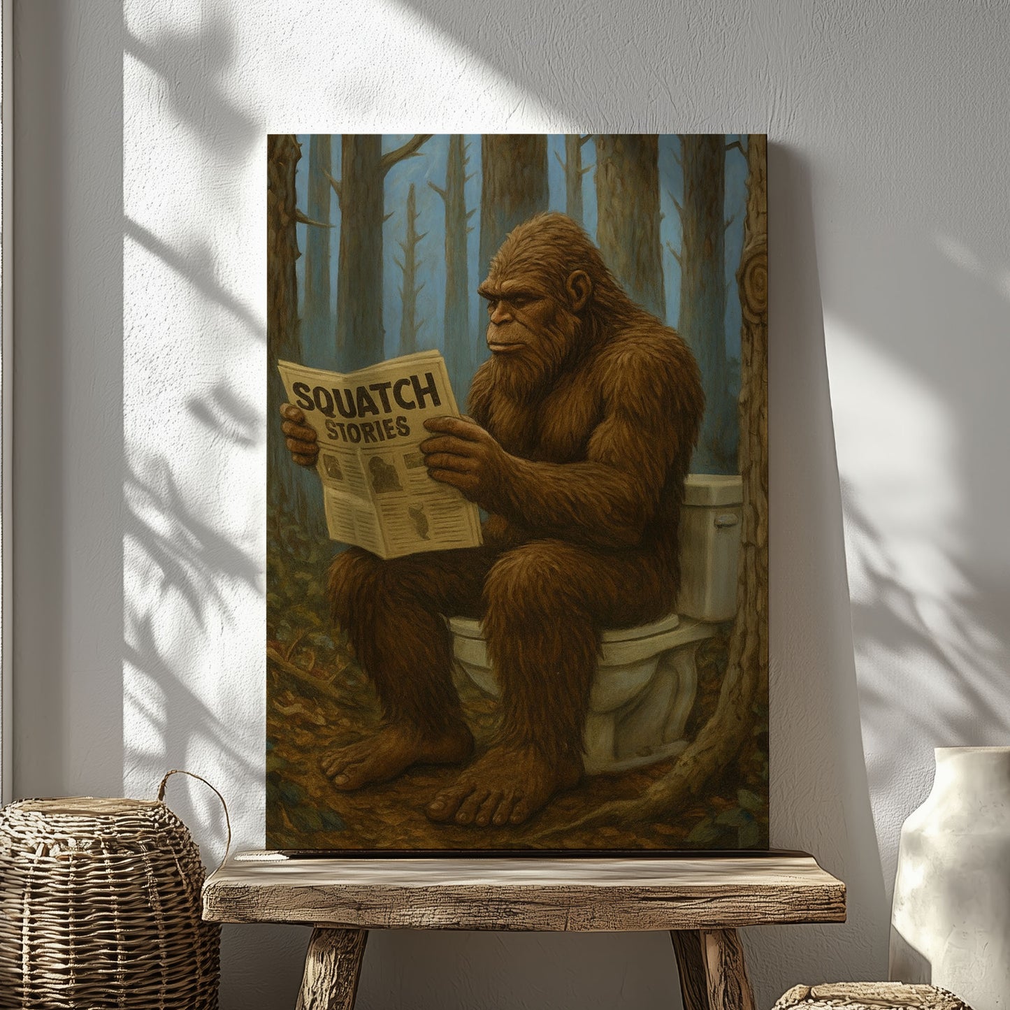 Bigfoot Reading Newspaper Canvas Humorous Lodge Wall Art