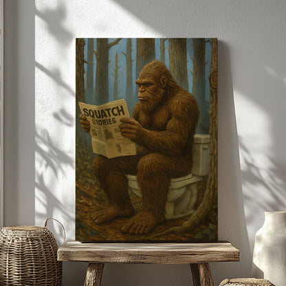 Bigfoot Reading Newspaper Canvas Humorous Lodge Wall Art