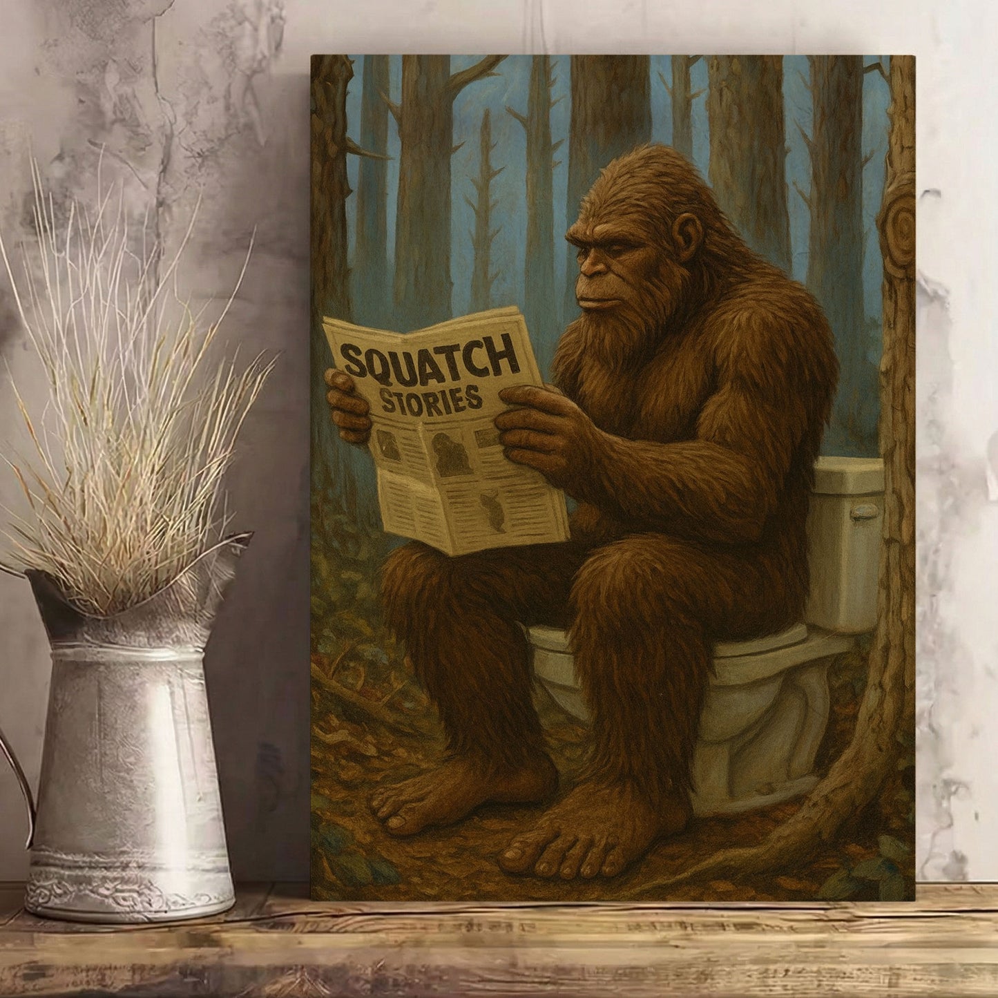 Bigfoot Reading Newspaper Canvas Humorous Lodge Wall Art