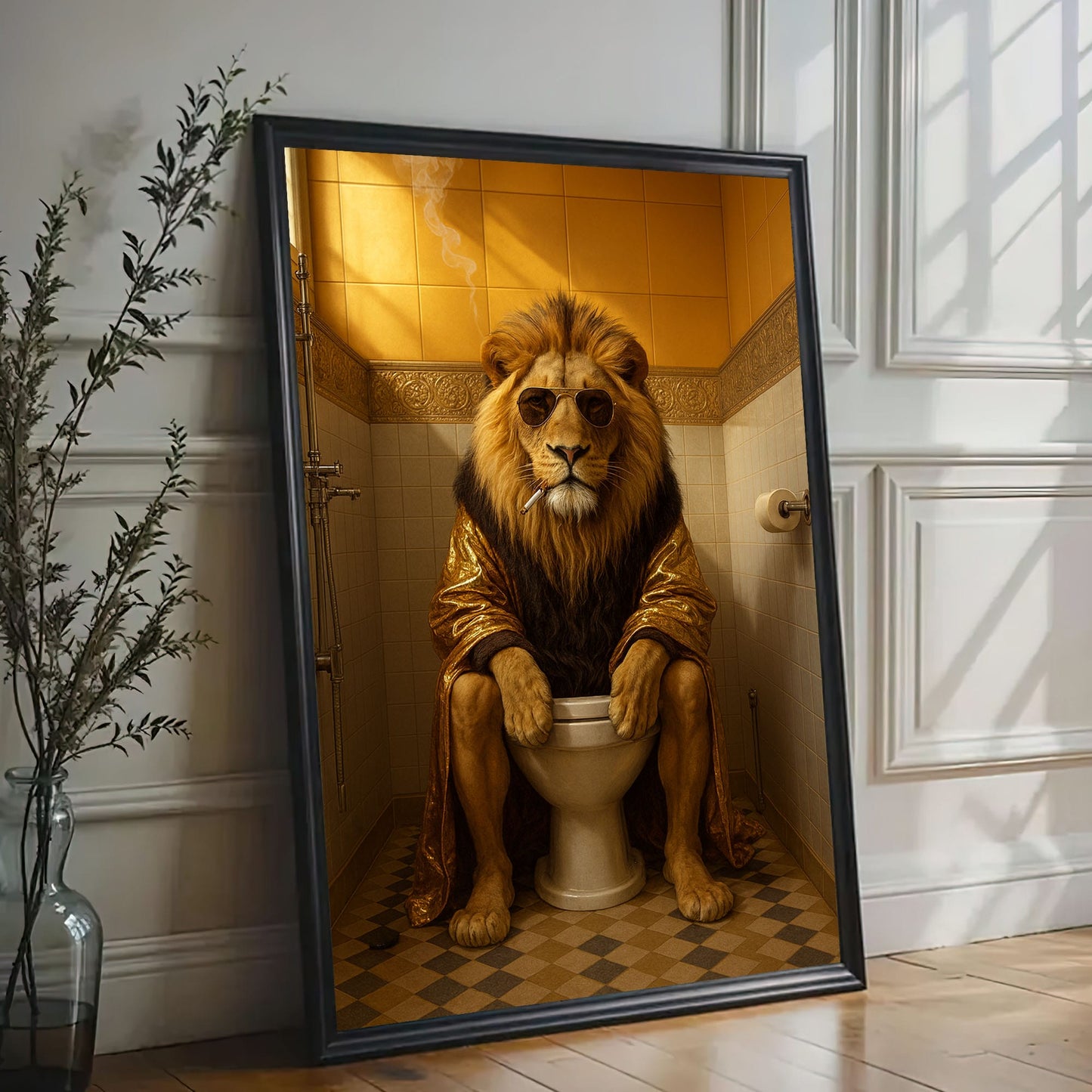 Lion on Toilet Canvas Wall Art Bathroom Humor Decor