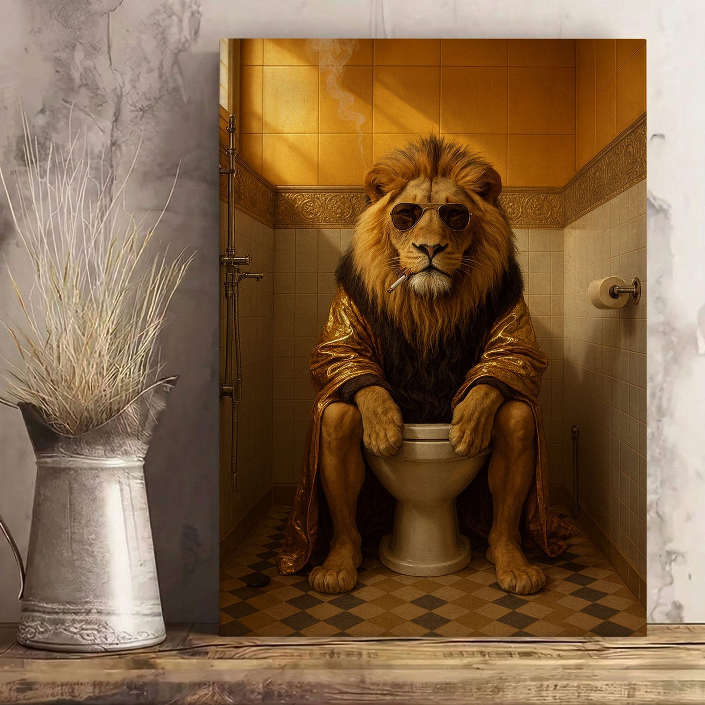 Lion on Toilet Canvas Wall Art Bathroom Humor Decor