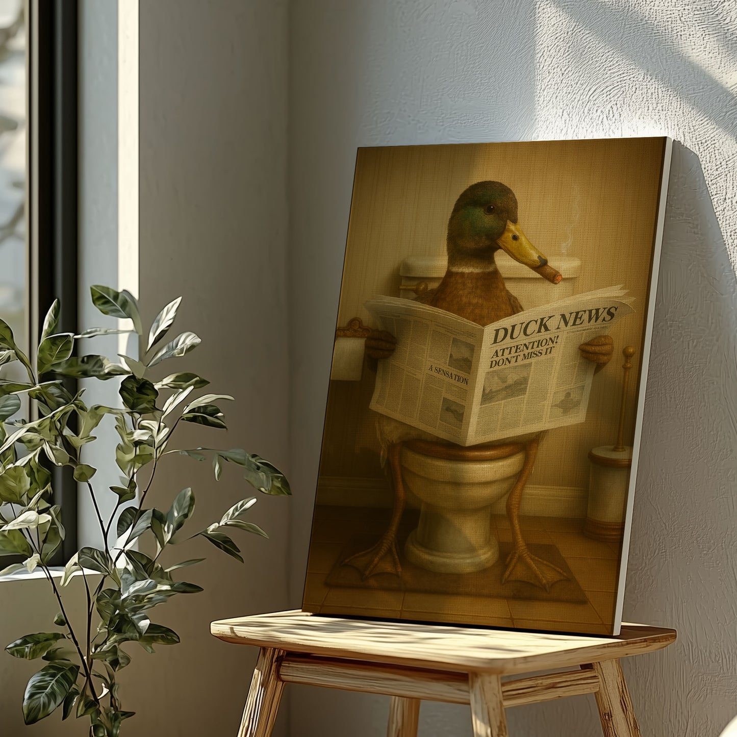 Funny Duck Bathroom Wall Art – Duck Reading Newspaper on Toilet