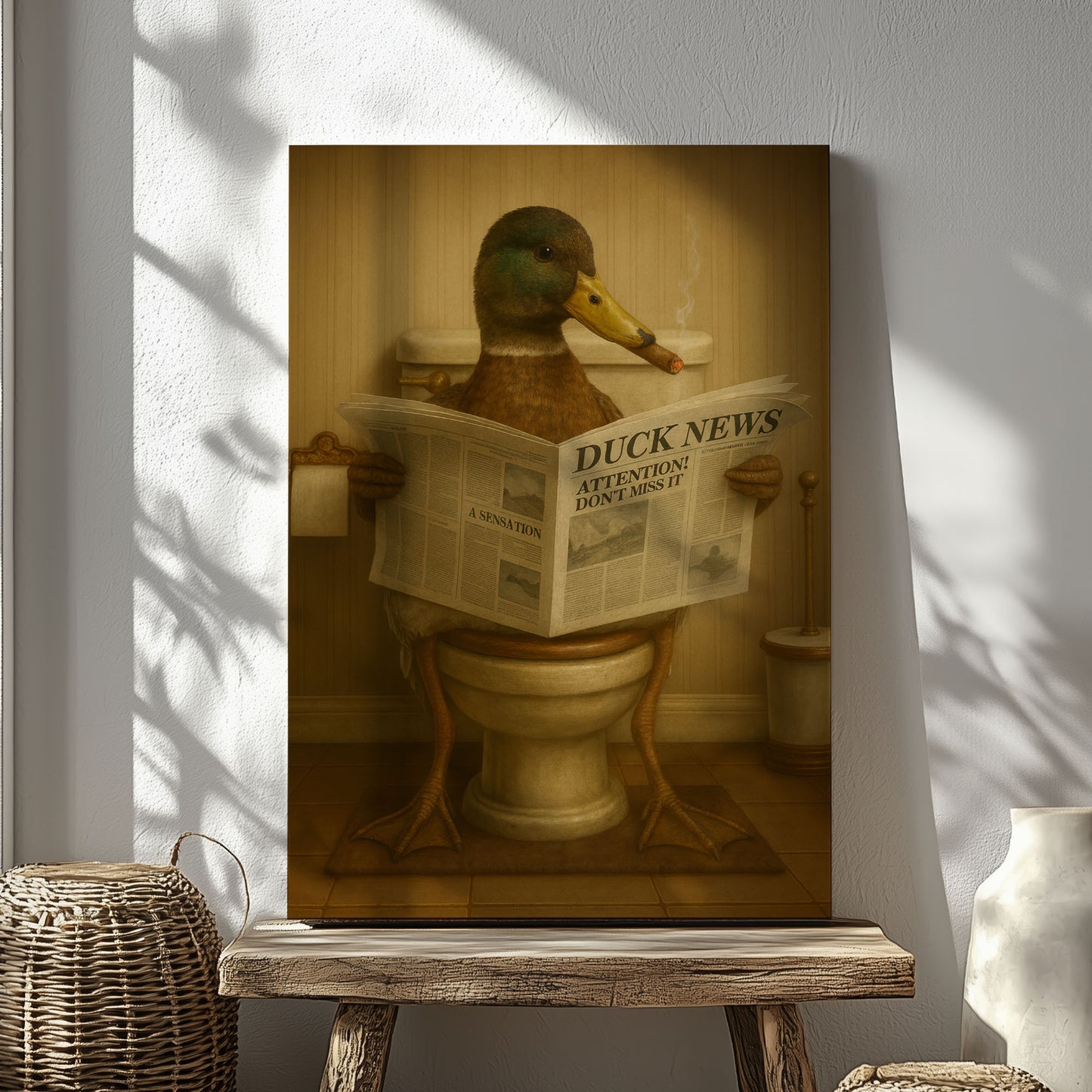Funny Duck Bathroom Wall Art – Duck Reading Newspaper on Toilet