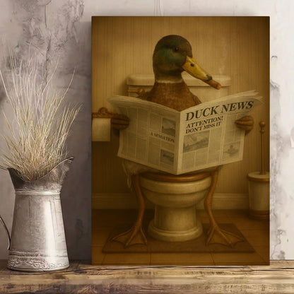 Funny Duck Bathroom Wall Art – Duck Reading Newspaper on Toilet
