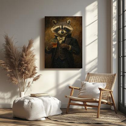 Raccoon Drinking Whisky Wall Art Canvas