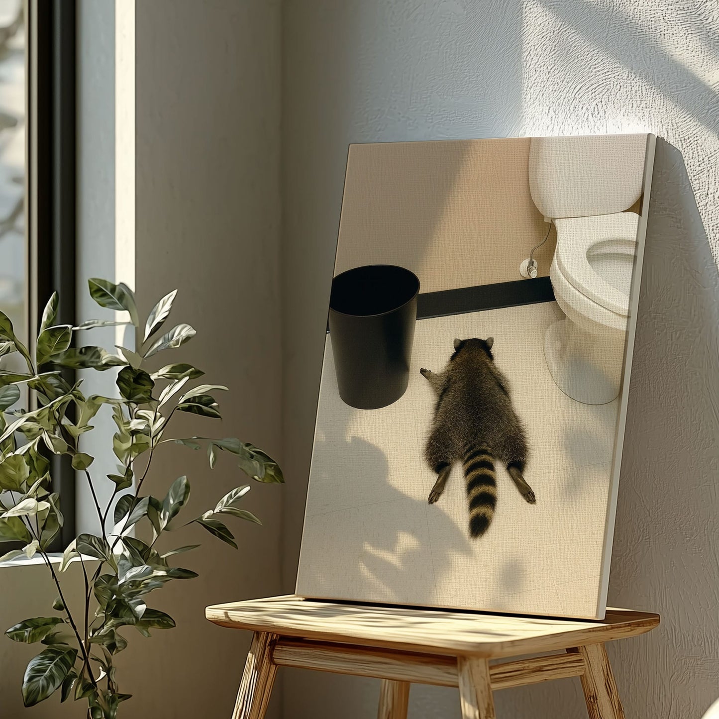 Raccoon gets drunk liquor store Wall Art Drunk Passes Out in Bathroom Canvas