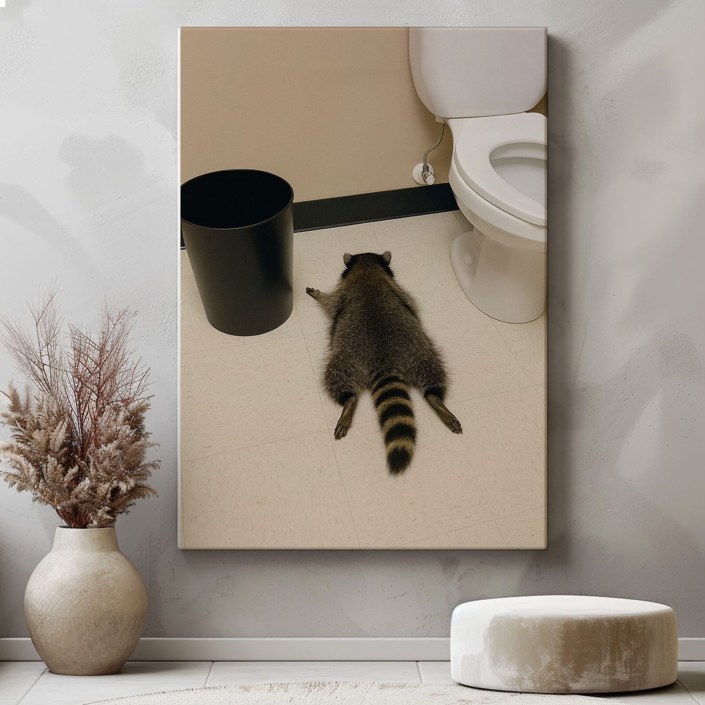 Raccoon gets drunk liquor store Wall Art Drunk Passes Out in Bathroom Canvas