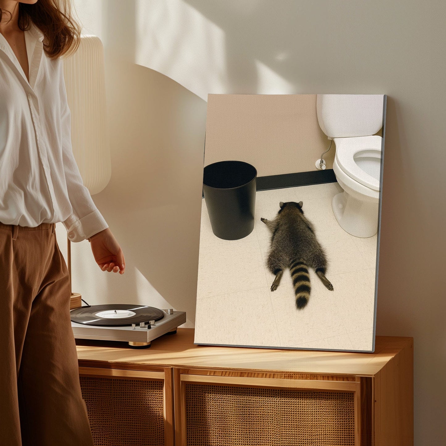 Raccoon gets drunk liquor store Wall Art Drunk Passes Out in Bathroom Canvas