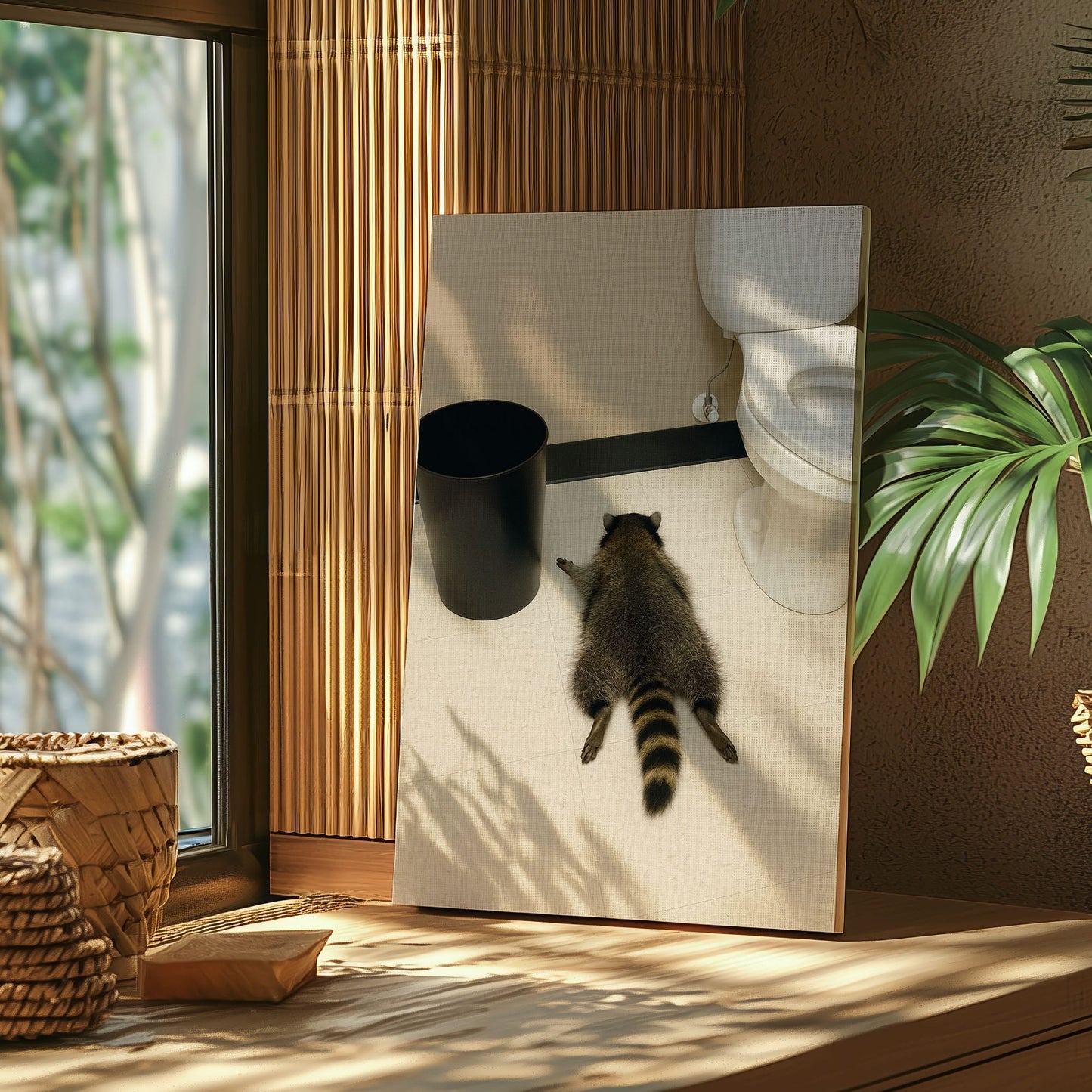 Raccoon gets drunk liquor store Wall Art Drunk Passes Out in Bathroom Canvas