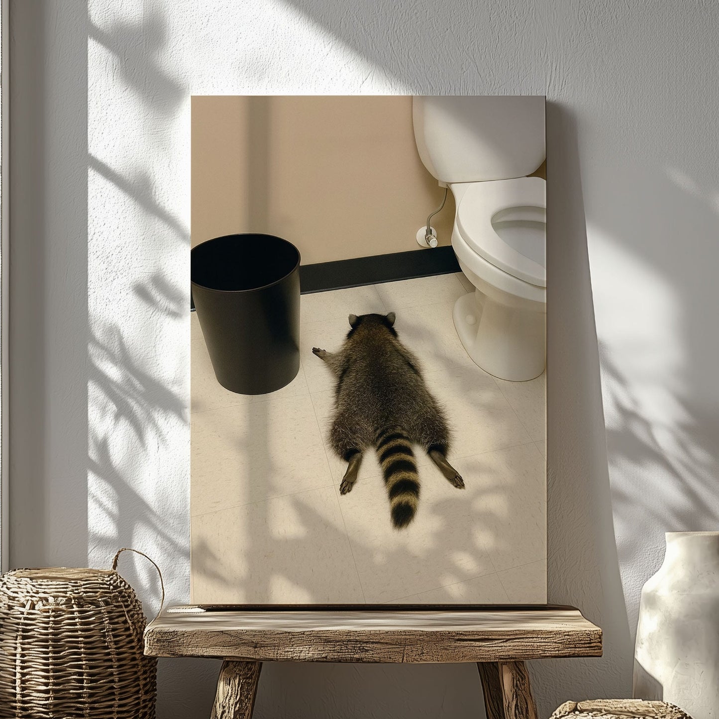 Raccoon gets drunk liquor store Wall Art Drunk Passes Out in Bathroom Canvas