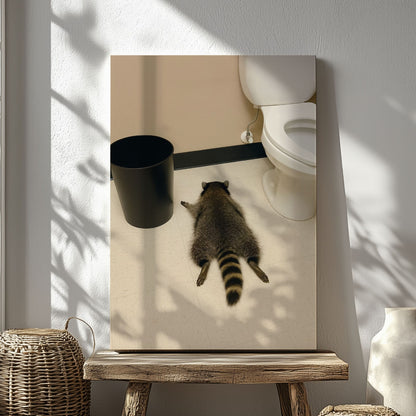 Raccoon gets drunk liquor store Wall Art Drunk Passes Out in Bathroom Canvas
