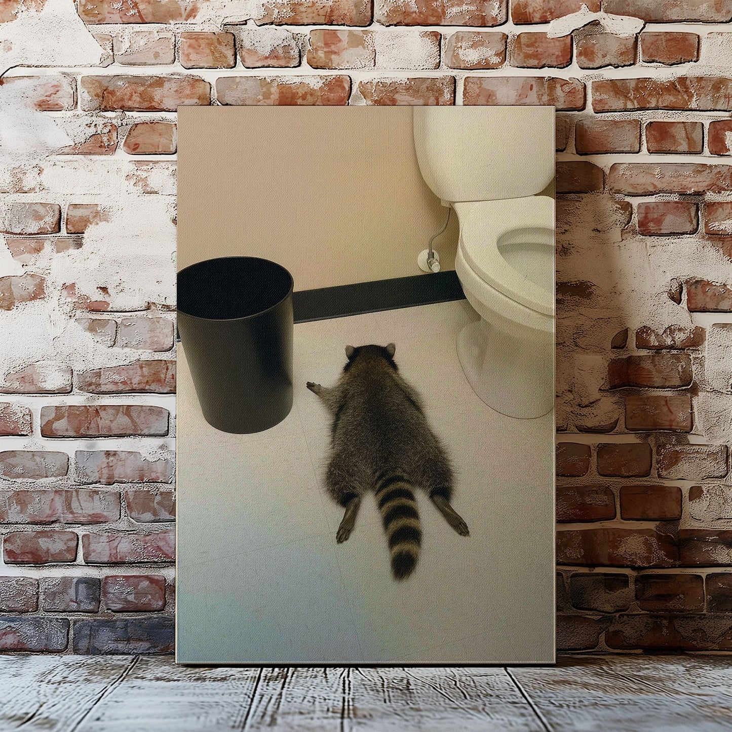 Raccoon gets drunk liquor store Wall Art Drunk Passes Out in Bathroom Canvas