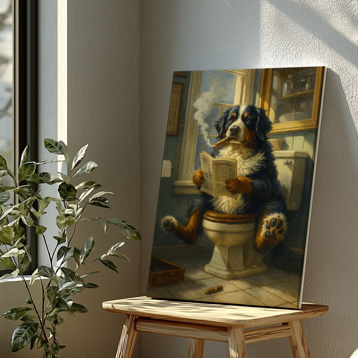 Bernese Mountain Dog Reading Newspaper with Cigar Canvas