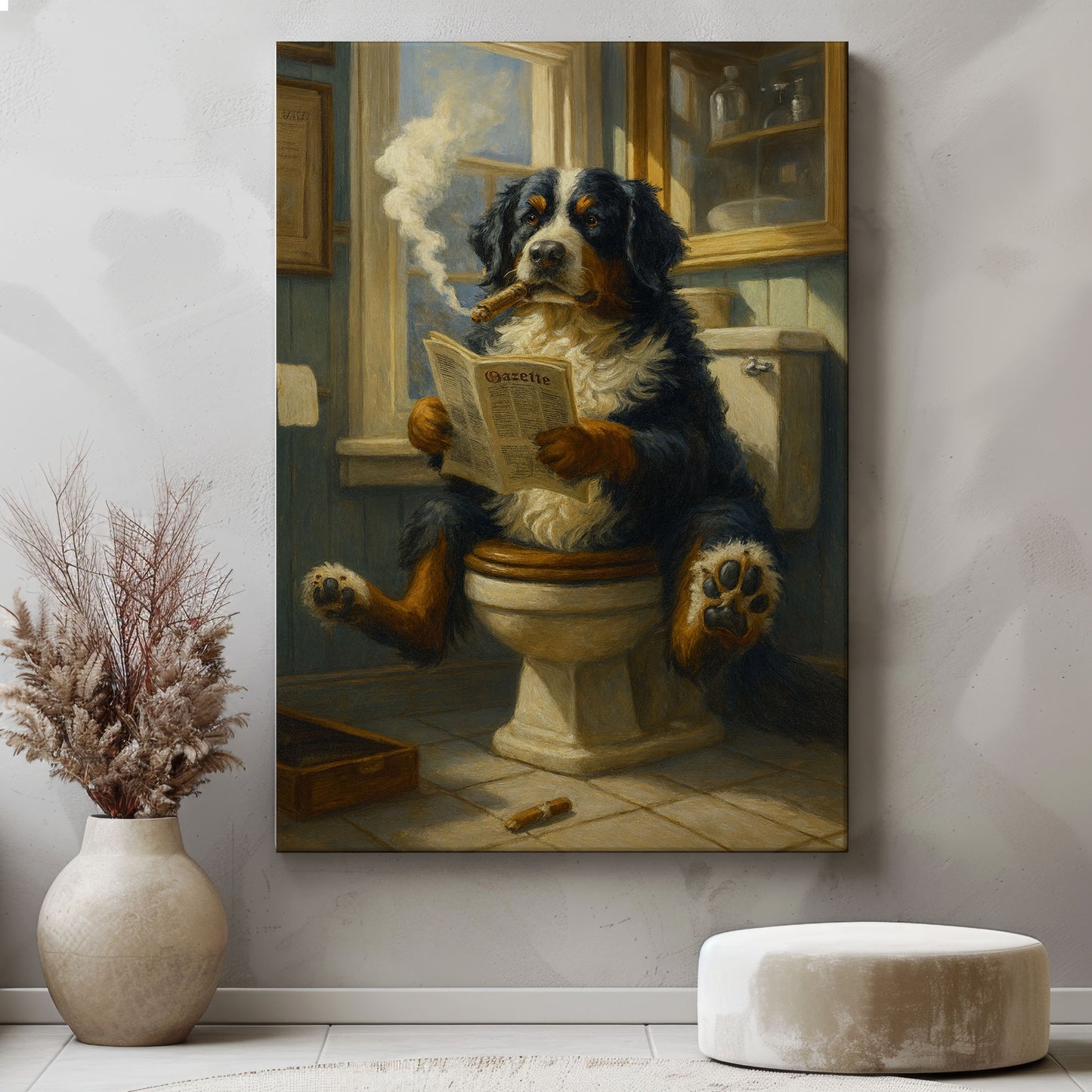 Bernese Mountain Dog Reading Newspaper with Cigar Canvas