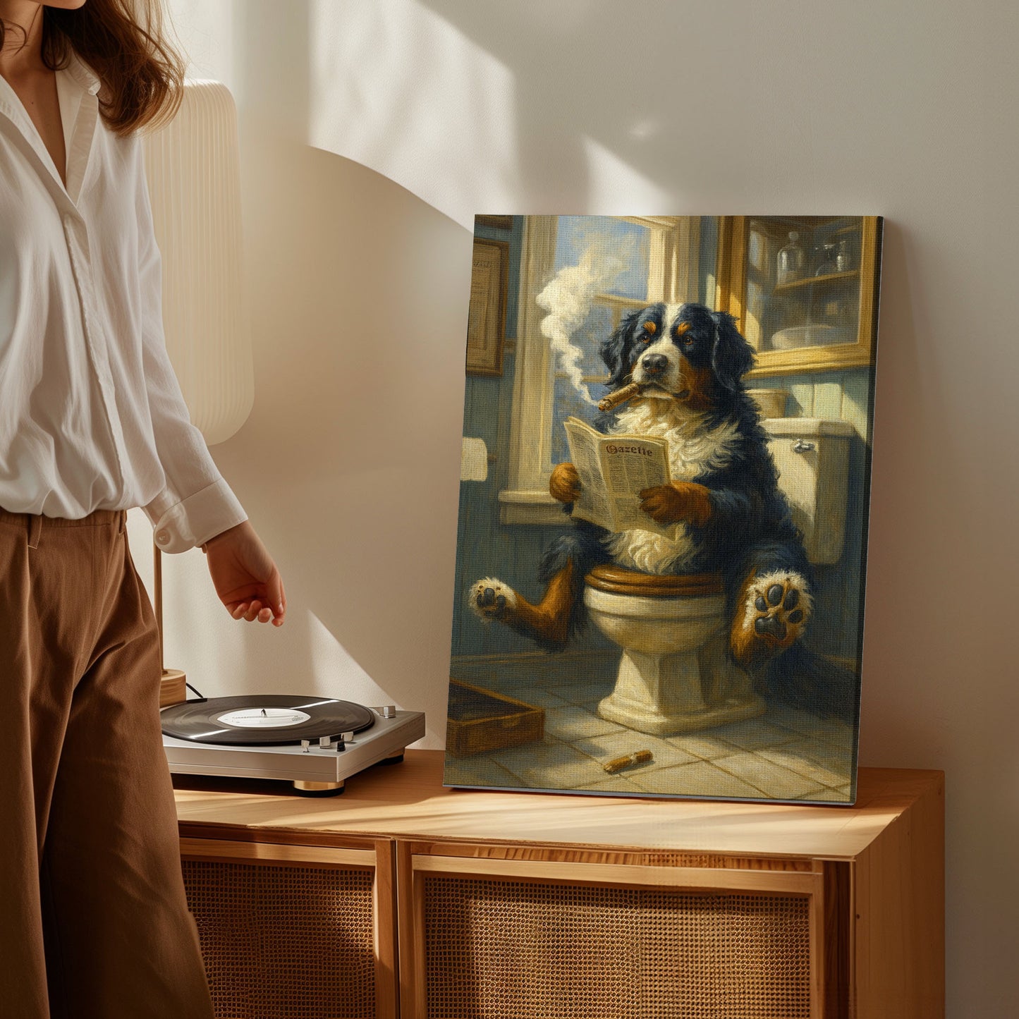 Bernese Mountain Dog Reading Newspaper with Cigar Canvas