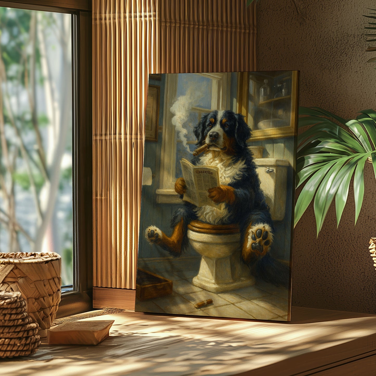 Bernese Mountain Dog Reading Newspaper with Cigar Canvas