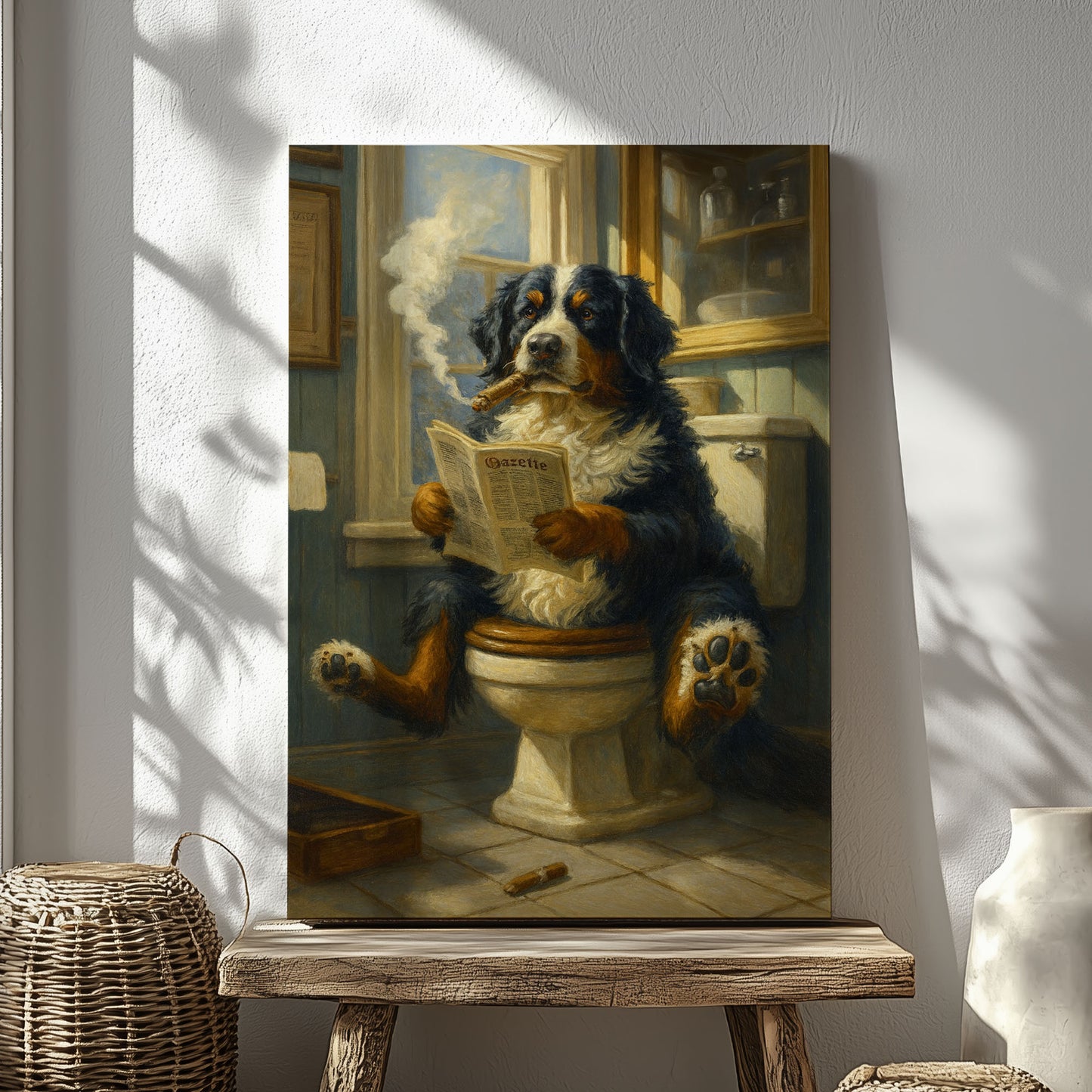 Bernese Mountain Dog Reading Newspaper with Cigar Canvas