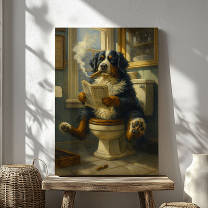 Bernese Mountain Dog Reading Newspaper with Cigar Canvas
