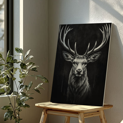 Majestic Stag Portrait Black White Deer Wall Art