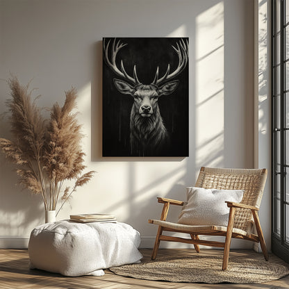 Majestic Stag Portrait Black White Deer Wall Art